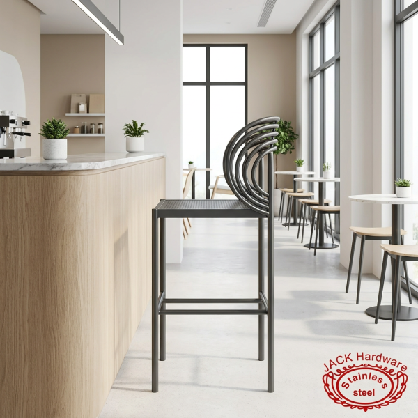 Arc ring bar stool at boutique hotel lobby cafe natural light