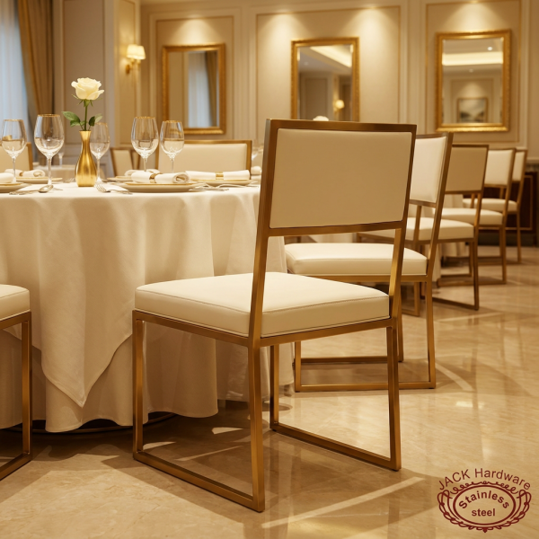 Gold square tube floating backrest chair hotel restaurant 45 degree visible gap design warm light