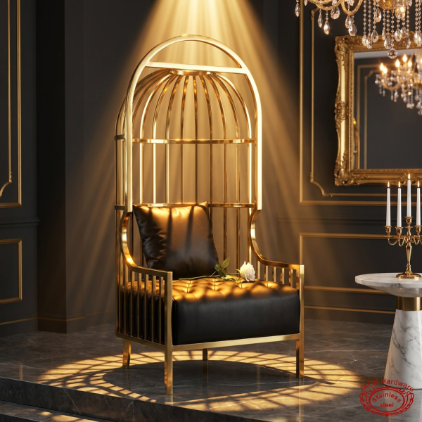 Gold birdcage throne hotel ballroom wedding stage 45 degree dome bars black tufted seat