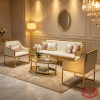 Ivory sofa set hotel VIP suite 45 degree all 3 pieces visible gold frame warm golden light