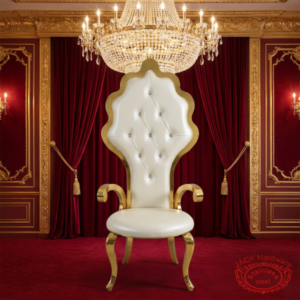 Gold throne king chair at hotel presidential suite ballroom crimson velvet drapes crystal chandelier