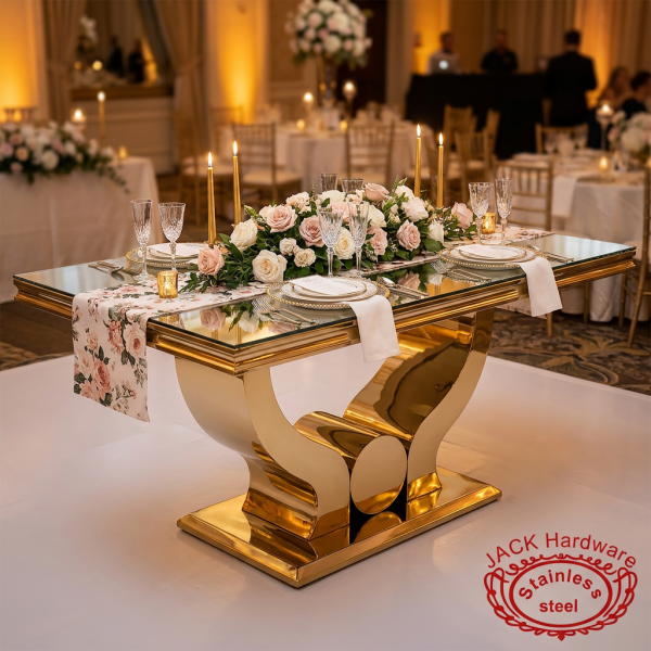 Gold curved arc leg dining table at upscale hotel wedding banquet blush roses gold charger plates