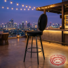 Black velvet bar stool at upscale hotel rooftop bar city skyline twilight string lights