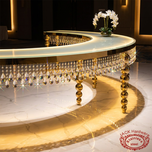 Gold crescent crystal pendant table side view hotel rainbow prismatic sparkle floor warm uplighting