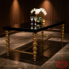Gold ball-node column legs table side view VIP private dining room orchid marble floors spotlights