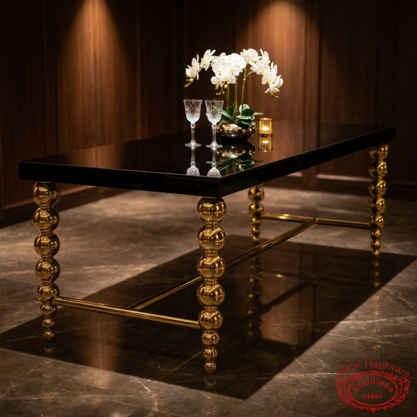 Gold ball-node column legs table side view VIP private dining room orchid marble floors spotlights