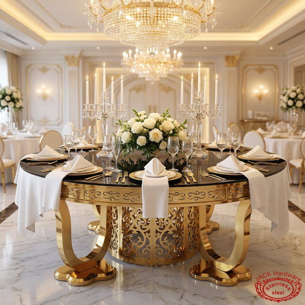 Gold carved acanthus skirt round table at hotel wedding banquet hall white linen candelabras chandeliers