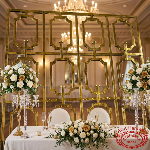 Gold lattice wall behind sweetheart table hotel ballroom white gold florals candelabras crystal chandelier