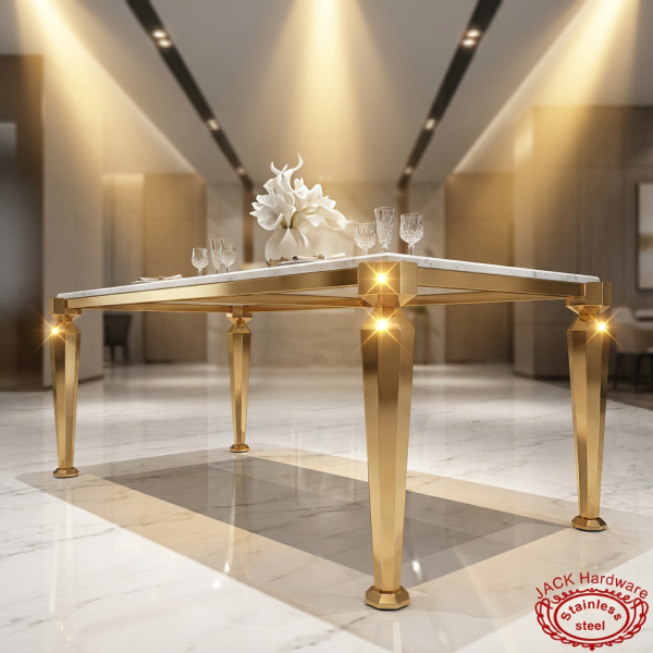 Gold angled splayed leg dining table side view hotel restaurant marble floor warm spotlights