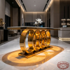 Gold chain oval ring base table side view hotel restaurant ring shadow halos marble floor sculpture
