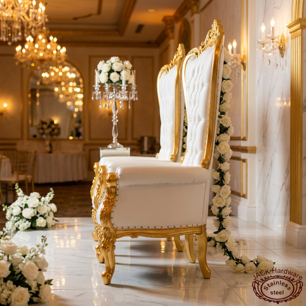 Baroque throne chair pair side view wedding reception hall gold carved legs warm golden lighting