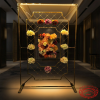 Gold LED lattice floral backdrop at upscale hotel event space dramatically illuminated dark interior