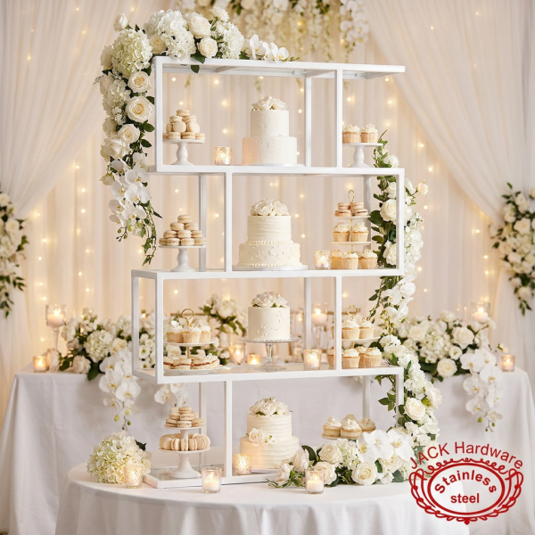 White multi-tier shelf at romantic all-white wedding dessert table flowers candles soft bokeh