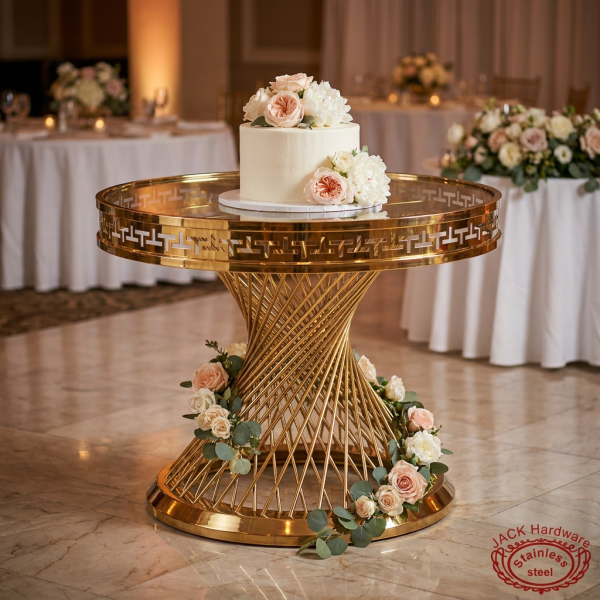 Gold spiral rod woven trumpet base Greek key fretwork rim at hotel wedding 45 degree warm spotlights