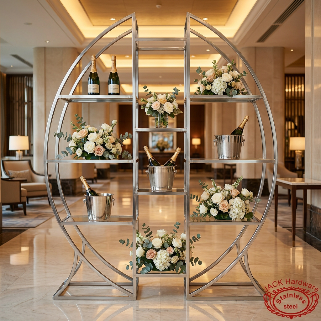 Large round display rack at luxury hotel lobby champagne bottles flowers warm lighting