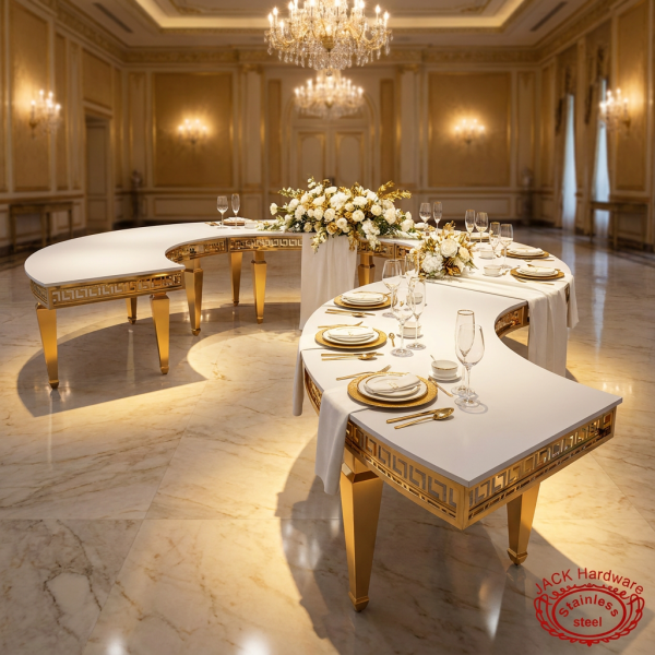 Gold crescent table at hotel ballroom fretwork skirt visible 45 degree gold charger plates floral