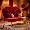 Red rose 3D backrest sofa wedding reception hall 45 degree dramatic rose petals warm spotlights