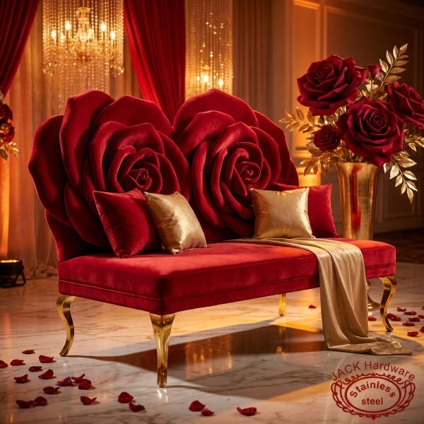 Red rose 3D backrest sofa wedding reception hall 45 degree dramatic rose petals warm spotlights