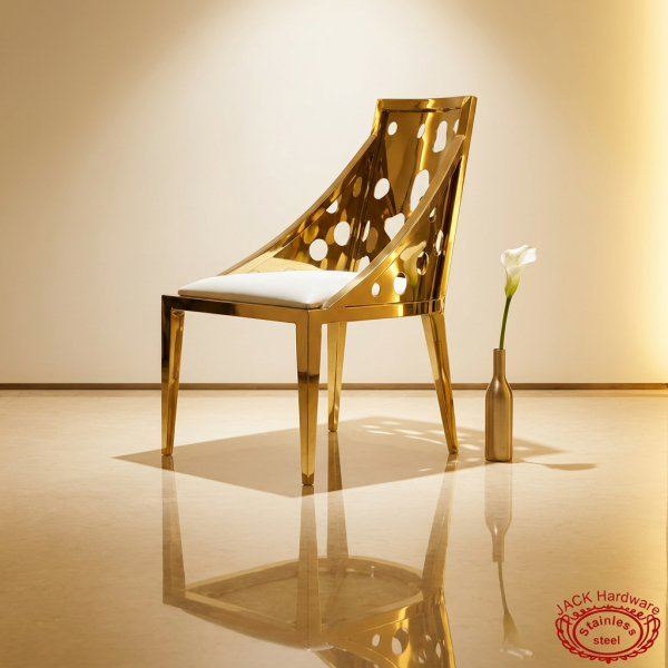 Gold perforated hole chair side view luxury interior circular cutout light spots warm ambient