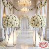 Silver tapered square pedestals flanking wedding aisle white floral balls rose petals chandeliers