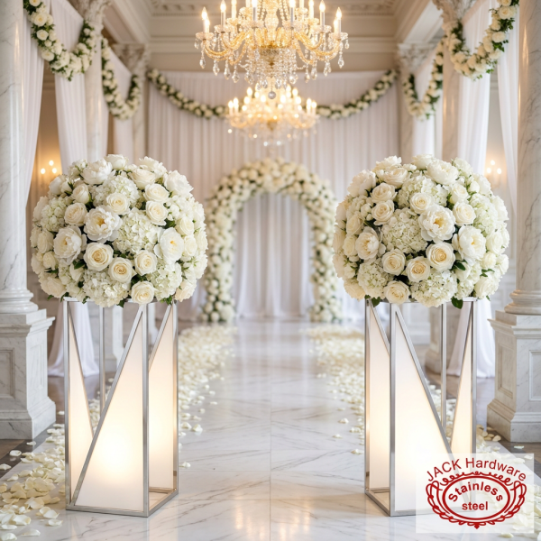Silver tapered square pedestals flanking wedding aisle white floral balls rose petals chandeliers