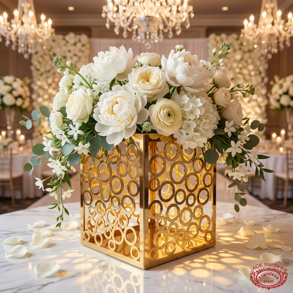 Gold bubble cutout box with white roses peonies overflowing chandelier light circles on marble