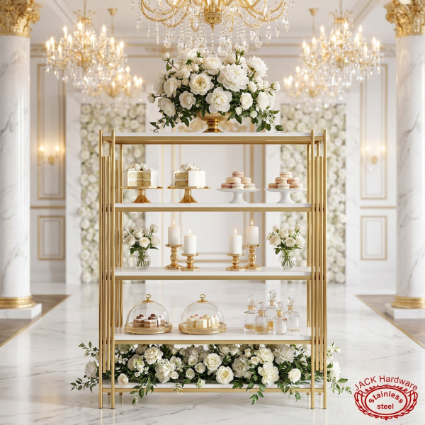 Gold multi-tier rack at wedding dessert floral station florals cake macarons chandeliers