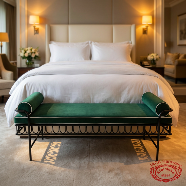 Black iron scrollwork bench at luxury 5-star hotel suite foot of king bed warm amber lighting