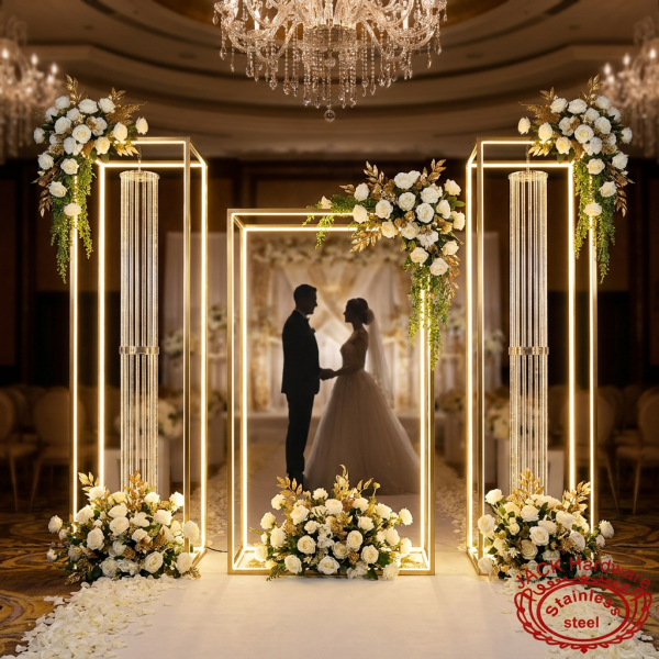 Gold LED crystal pillar set as wedding ceremony backdrop glowing columns floral arrangements chandeliers