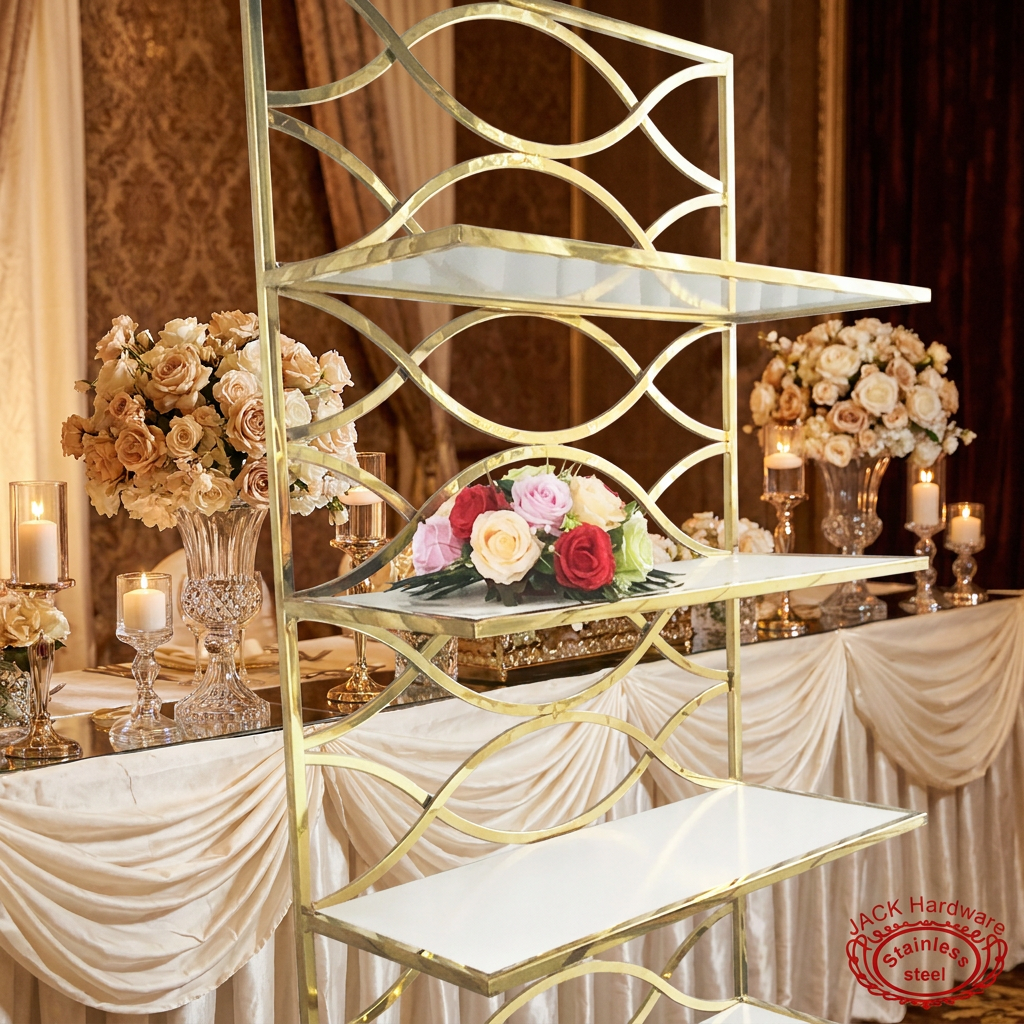 Wave lattice floral display rack at luxury hotel banquet champagne ivory decor candlelight