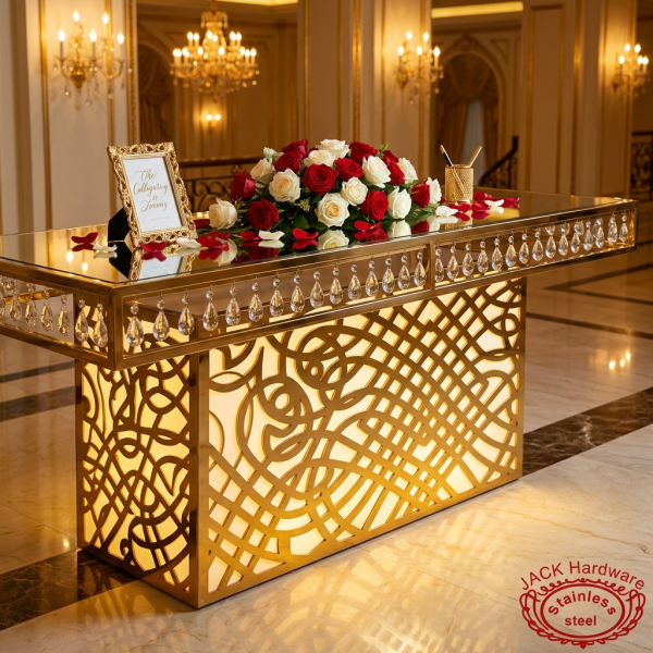 Gold signing table hotel ballroom carved panel glowing warm spotlights guest book