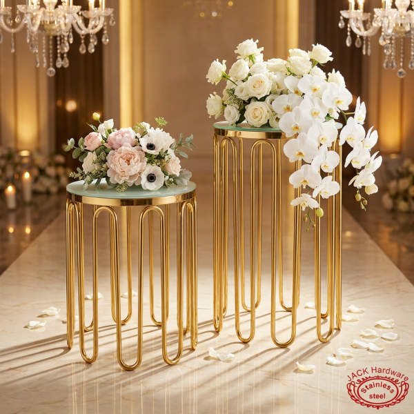 Gold U-arc tube stands hotel wedding 45 degree arc legs warm golden spotlights