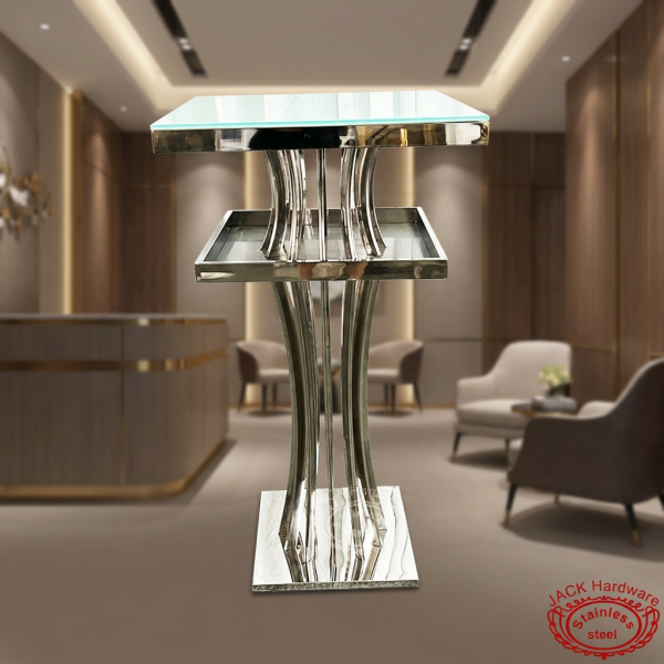 Silver arc leg display stand at upscale hotel meeting lounge warm wood gold accents