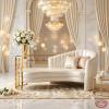 Pearl white crescent chaise lounge at luxury hotel lobby bridal suite florals chandeliers