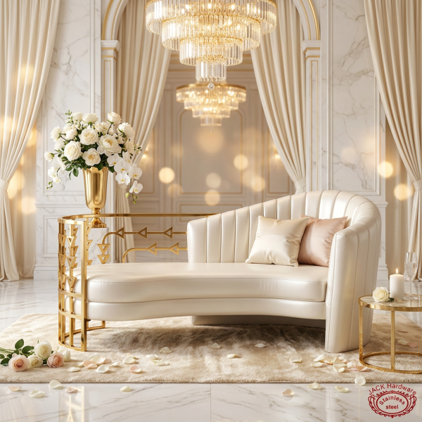 Pearl white crescent chaise lounge at luxury hotel lobby bridal suite florals chandeliers