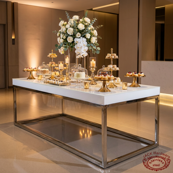 Silver dessert table at hotel event space dessert display orchid rose centerpiece warm spotlights