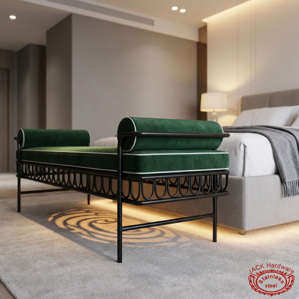 Black iron scrollwork side panel bed end bench side view hotel bedroom warm light grey carpet shadows