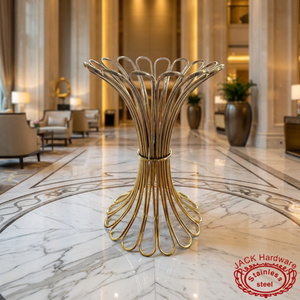 Gold flower bundle sculptural stand at luxury hotel grand lobby marble floors architectural columns