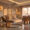 Silver birdcage swing side view luxury villa warm ambient light silhouette arch glow marble