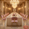 Pink velvet floating backrest chairs at wedding banquet hall long dinner table chandeliers