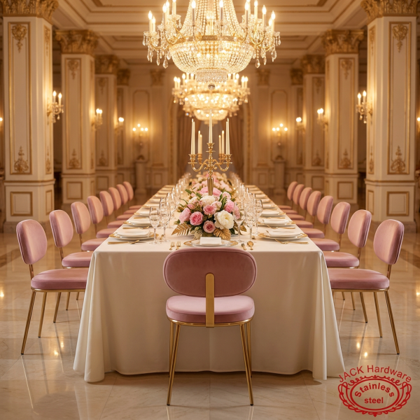 Pink velvet floating backrest chairs at wedding banquet hall long dinner table chandeliers