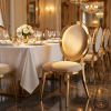 Gold round disc-back chair hotel restaurant 45 degree large circle backrest outward splayed legs