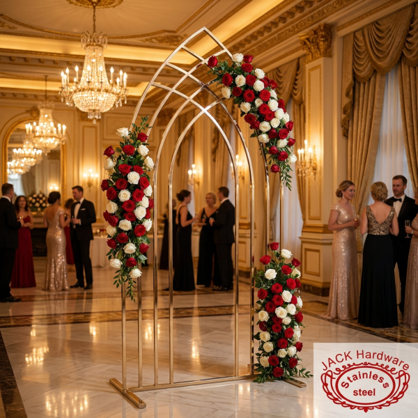 Gold Gothic arch at grand hotel ballroom photo backdrop cascading red white roses marble floors