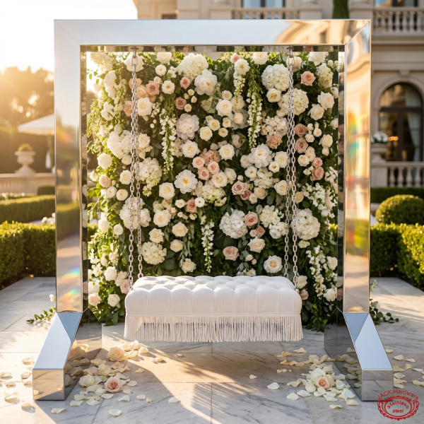 Silver square frame swing at luxury hotel garden terrace floral wall white cushion seat