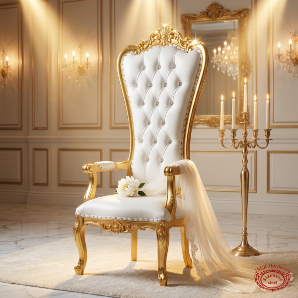 White gold crown throne chair wedding venue 45 degree gold crown diamond tufting cabriole legs