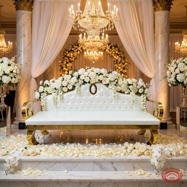 White gold Baroque crystal loveseat at grand wedding venue bride groom sweetheart seat florals chandeliers