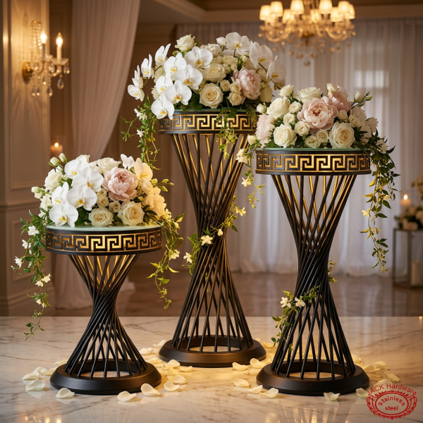 Black spiral twisted column Greek key rim stands hotel wedding 45 degree helix detail warm spotlights
