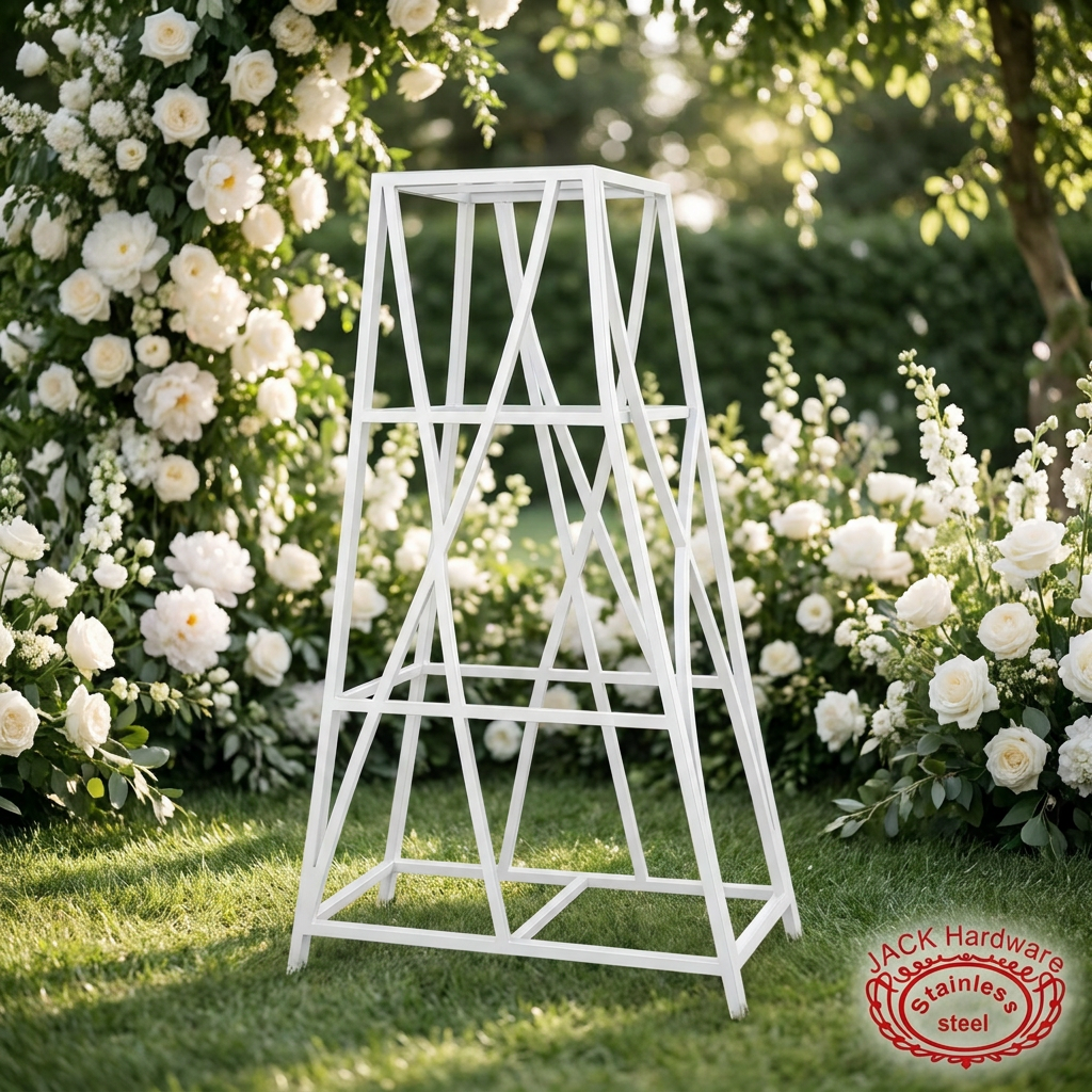 White X-cross display rack at outdoor garden wedding white floral backdrop bokeh