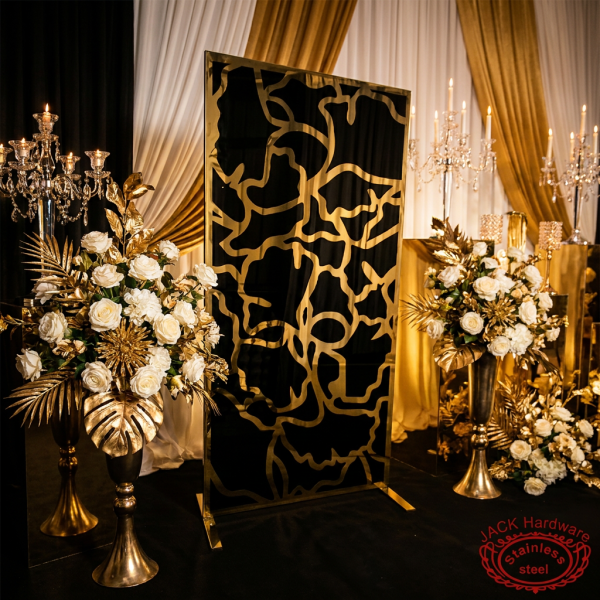 Black gold floral screen at luxury wedding reception dramatic gold black event styling roses candelabras