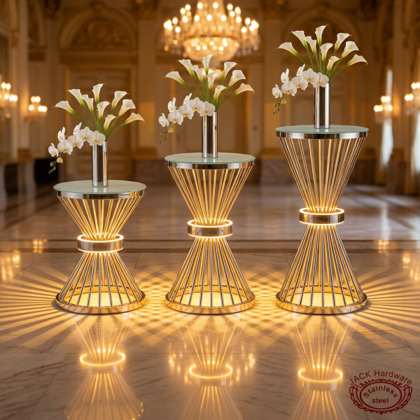 Silver radial spoke stands side view ballroom ascending heights golden uplighting marble